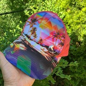 Funky and fun with palm tree and psychedelic pattern cap, made by Reel Legends